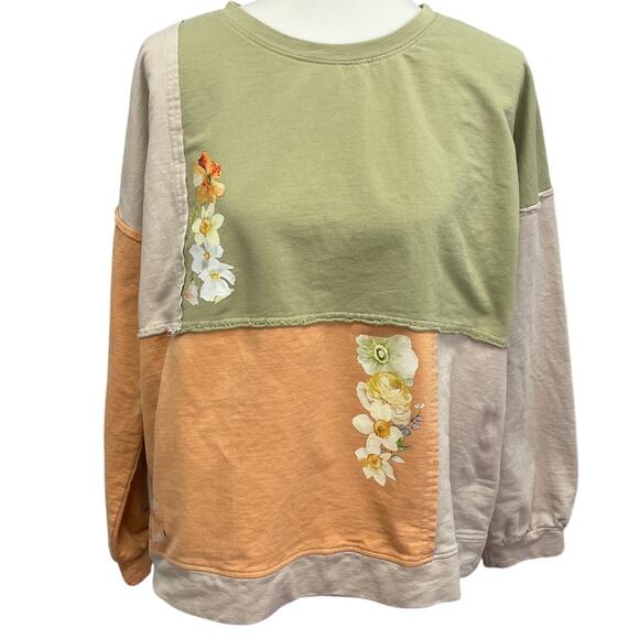 Hand Printed Upcycled Womens Large Patchwork Long Sleeve Cotton Blend Sweatshirt - Picture 1 of 5